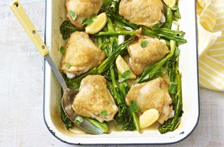 Spring chicken traybake with green vegetables